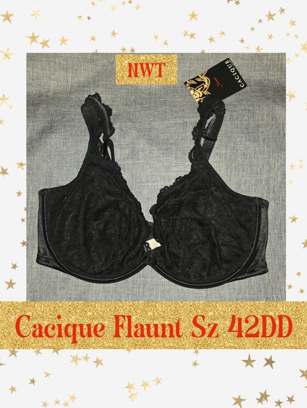 Cacique Flaunt  Black Lace Underwire Bra Sz 42DD